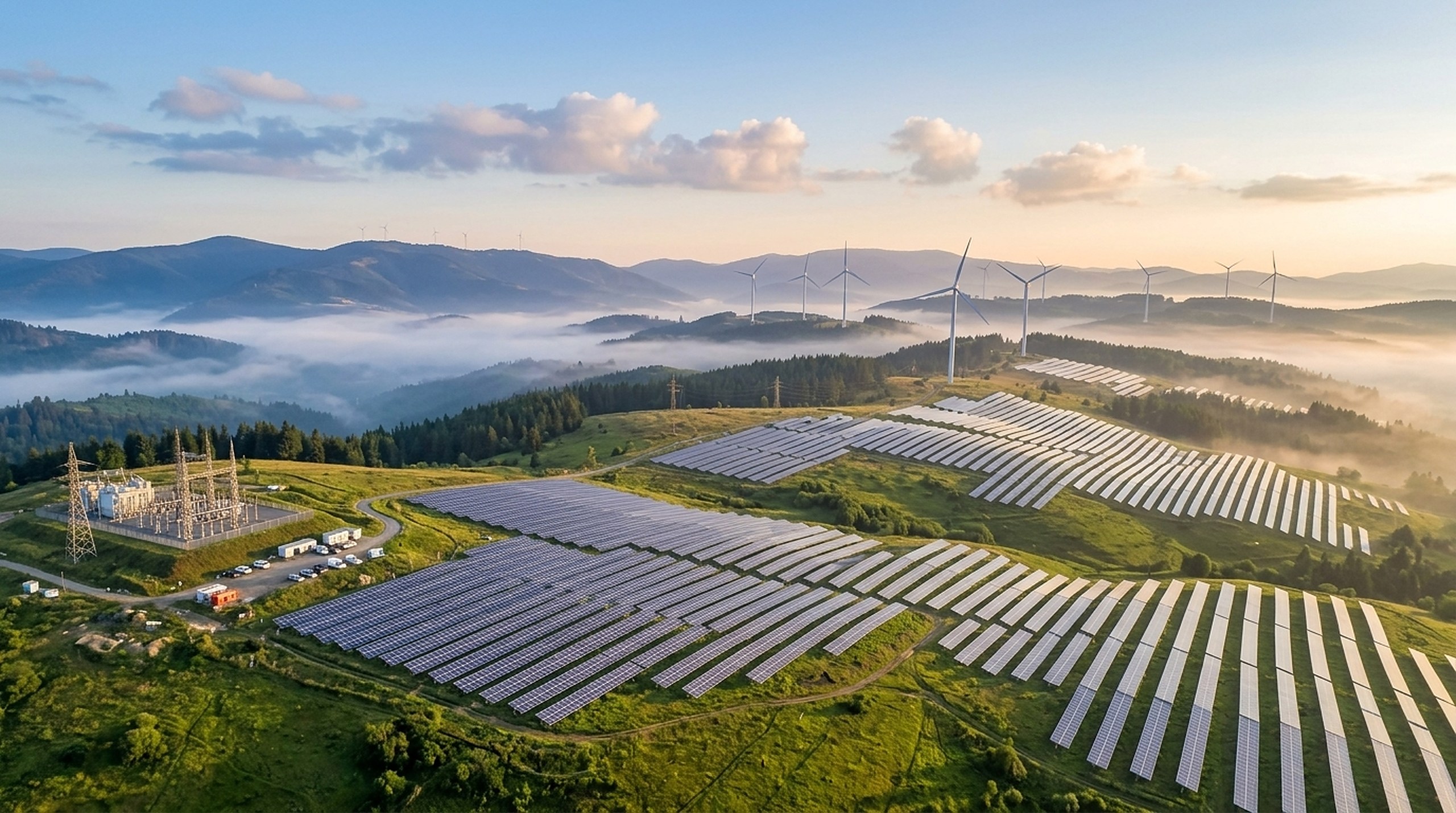 Panorama di impianti fotovoltaici, infrastrutture per l'energia pulita ed eolico immersi nel verde