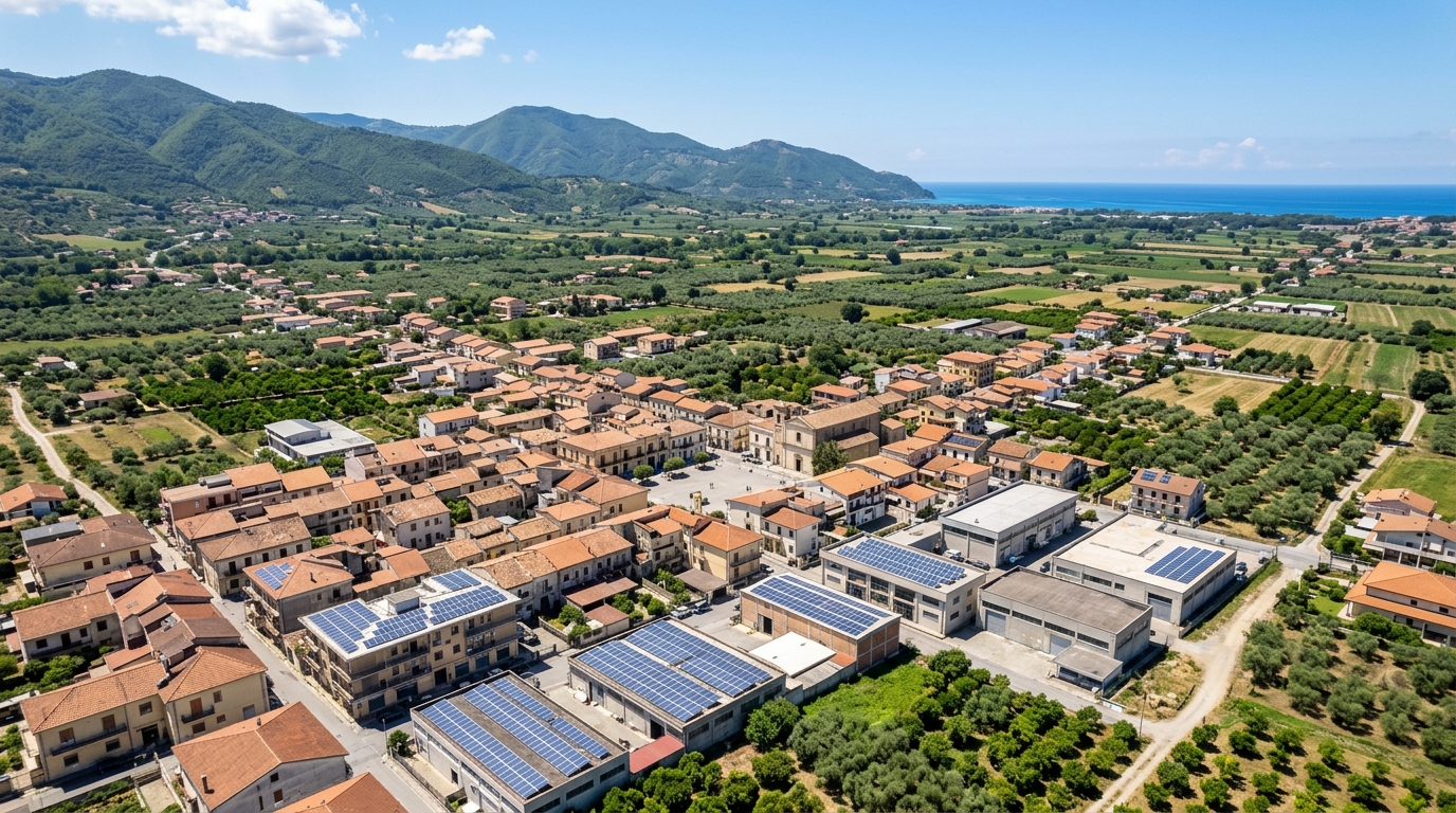 Vista aerea della piana e delle colline di Lamezia Terme con coperture residenziali e artigianali dotate di impianti fotovoltaici condivisi